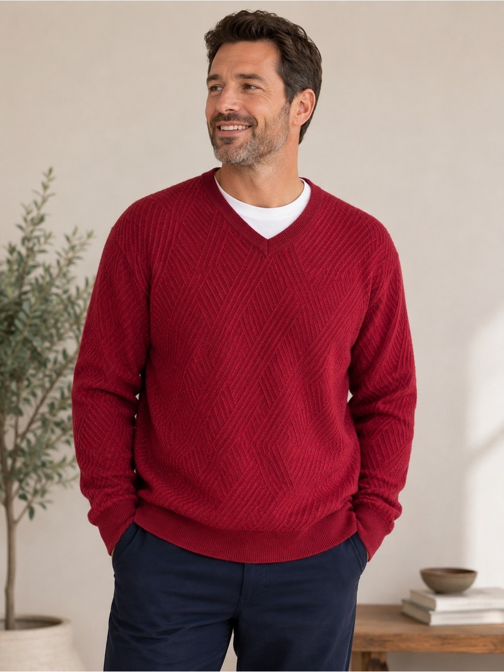 Jermyn & Bond Men’s Large Italian Merino Wool Blend Red Textured V-Neck Sweater